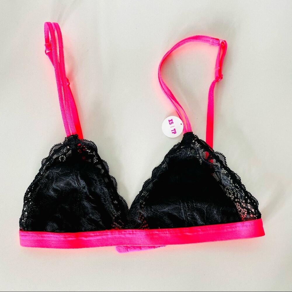 NEW VS VICTORIAS SECRET Black Hot Pink Neon Lace Triangle Bra Bralette XS